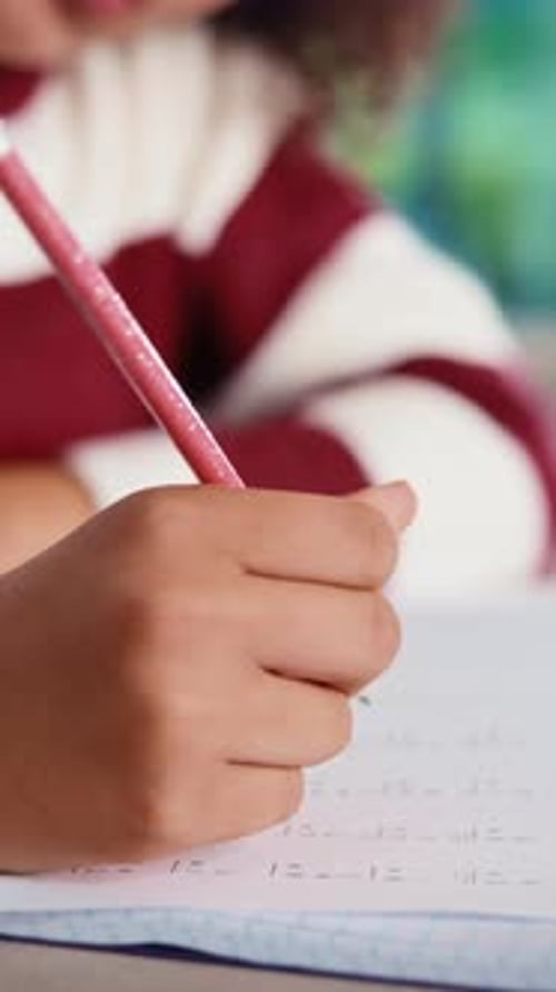 Homework, hands and child with book in home, math equations and learning for problem solving skills