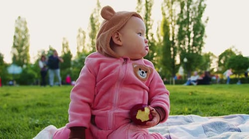 An Adorable Toddler Little Girl in a Pink Suit is Sitting on a Plaid Spread on the Green Grass in a