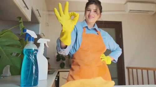 A woman in apron and gloves gives a thumbs up, a cleaning specialist cleaning kitchen surfaces, hood