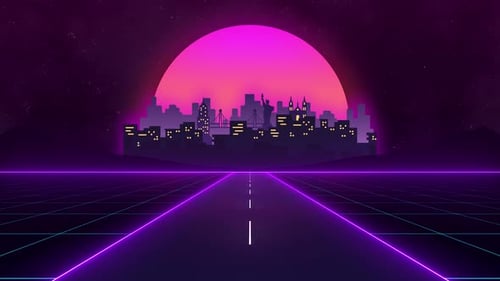 New York Night City Skyline Retro Style Animation, Statue of Liberty, United States of America