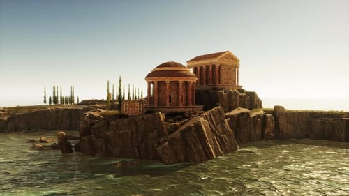 Ruines d'un ancien temple romain surplombant les eaux sereines de l'océan au coucher du soleil