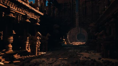 Couloir éthéré avec piliers sculptés et atmosphère de passerelle rayonnante
