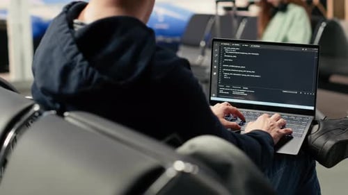 Digital Nomad Man Programming on Laptop in International Airport