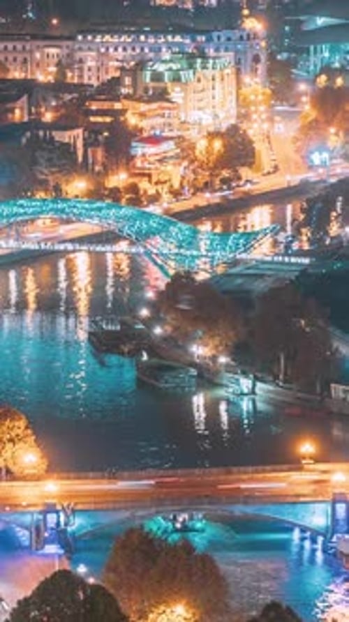 Timelapse Of Amazing Top View Of City Landmark Bridge In Night Illuminations