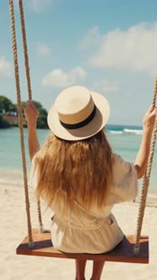 Young Woman Swinging on Swing on Ocean Beach Admiring Seascape in Sunny Day Slow Motion Vertical