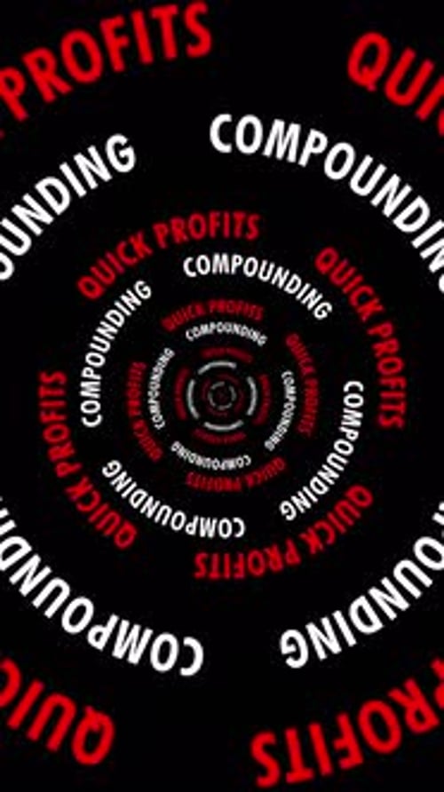 Vertical Infinite tunnel of Quick Profits and Compounding words looping on a black background