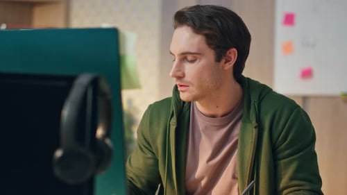 Pensive Freelancer Drawing Tablet Modern Office Closeup Man Watching Computer