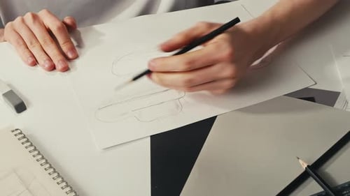 Young Man Artist is Drawing Chair Sofa By Pencil on White Paper The Designer Making Sketches for the