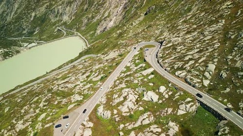 Alpine car road on Grimsel mountain pass in Switzerland Alps mountains