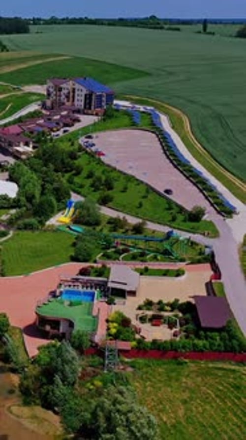 Panoramic view of recreation area. Flying over the modern recreation complex