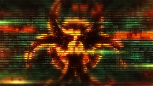 Biohazard Symbol Emerging From Digital Rain of Binary Code