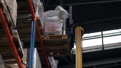 Forklift loading pallet from shelf in storage warehouse, chain supply management concept