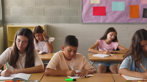 Female Teacher Assisting Elementary Student During Lesson at School