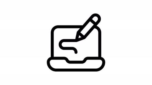 Animated Line Art Icon of Laptop with Pencil Drawing