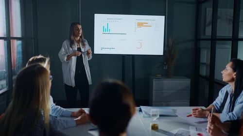 Business Meeting Of Investors Or CoWorkers In Office Of Modern Company Colleagues and Woman Boss