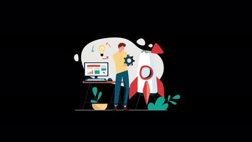 Persona que trabaja en el diseño de un cohete con computadora y gráficos