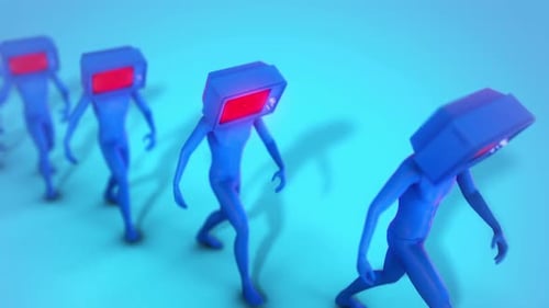 Abstract TV Head Figures Walking in a Line