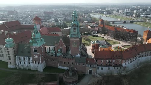 Aerial View of the Wawel Royal Castle Early Morning at Dawn Cracow Poland