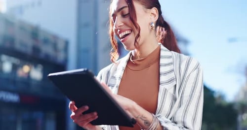 Business, happy woman and working on tablet in city for planning data, reading news report