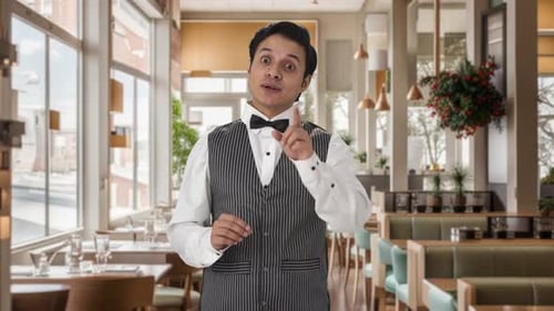Young Restaurant Employee Gesturing Confidently