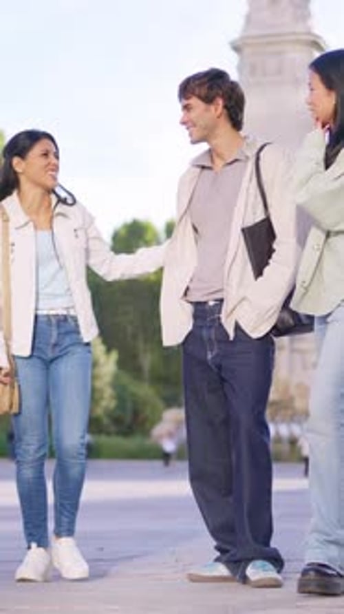 Diverse Group of Young Friends Chatting Together in a City Park