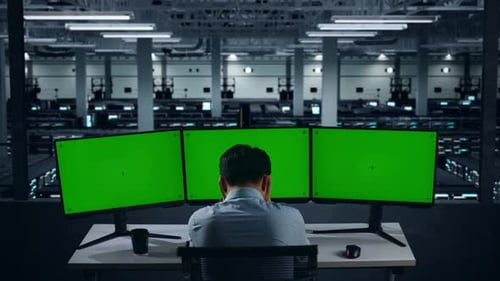 Man Having Headache While Working With Mock Up Multiple Computer Monitor In Data Center