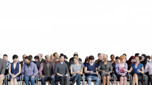 Close Up 3D Group of Viewer Sitting on Chairs with Transparency Background