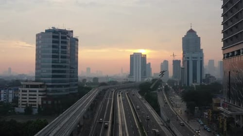 Aerial drone video of the highway crossing Jakarta Indonesia.