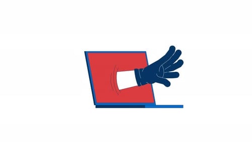 Ameaça cibernética: mão enluvada estendendo a mão do laptop, animação 2D