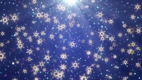 Flocon de neige tombant sur fond bleu dégradé avec des effets de lumière vive. Contexte de bonne année.