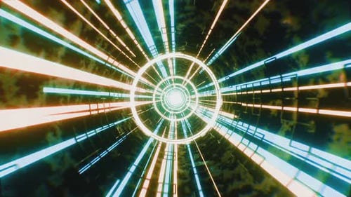 Glowing neon lines and rays moving and creating sci-fi tunnel. 3D render, looped