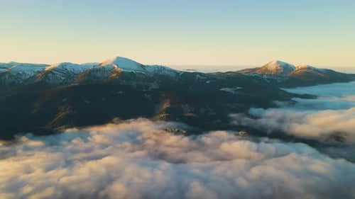 Aerial View of Vibrant Sunrise Over Carpathian Mountain Hills Covered with Evergreen Spruce Forest