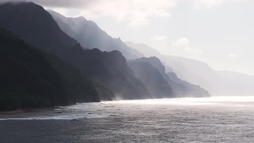 Aerial View of Napali Coast Cliffs and Pacific Ocean on Kauai Island