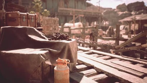 Rustic Market Stall with Wooden Crates and Vintage Items in a Dusty Town