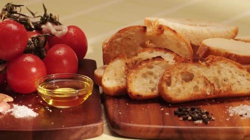 Delicious Tapas Bread with Tomatoes Pasta with Olive Oil Closeup Bruschetta with Red Sauce Ketchup