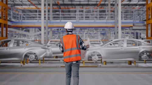 Dos d'un ingénieur asiatique regardant un plan dans ses mains en marchant dans une usine automobile