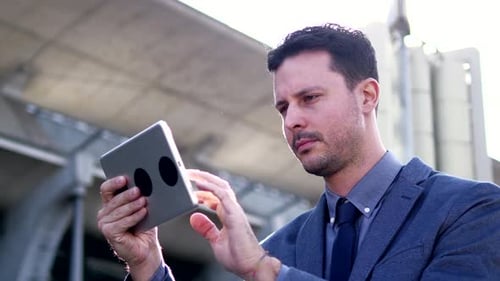 Businessman Networking on Mobile Tablet Device in the City