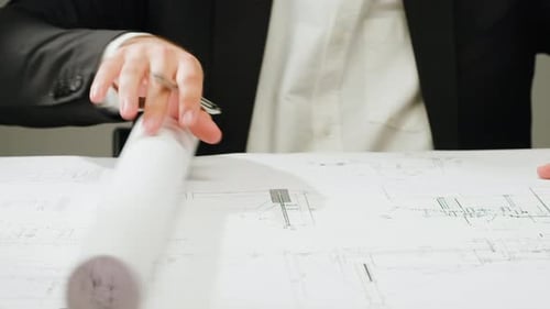 Architect Man Drawing Plan Blueprint Closeup