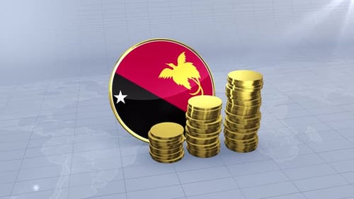 Papua New Guinea Flag With Plain Gold Coins Tower