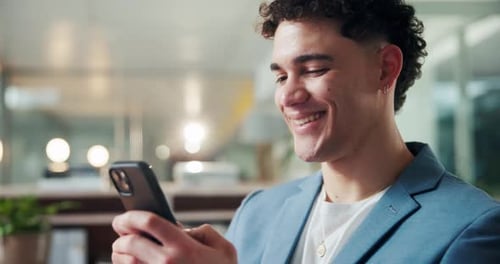 Happy, businessman and chatting with phone in office for social media or communication