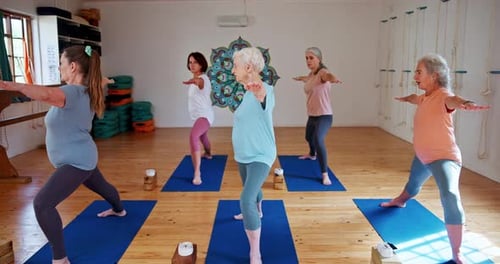 Senior woman, yoga and pilates with class for zen, spiritual wellness or balance together
