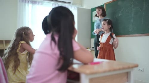 Teacher and students, Learn and study in a classroom of school where youngsters sit and listen