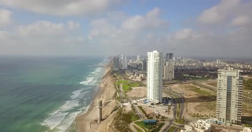 Aerial view of Netanya City and it's coastline- part of the Israeli coastal plain
