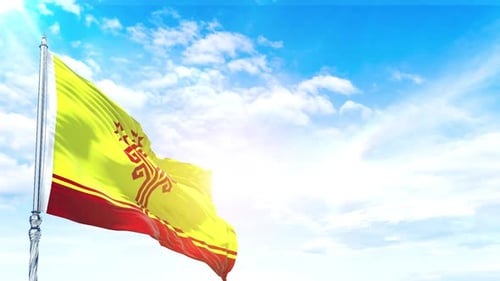 Ornate Waving Flag under Bright Sunny Blue Sky
