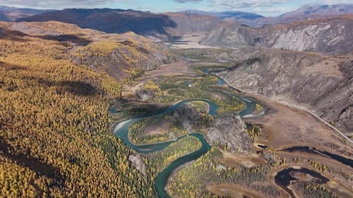 Meandering river in a scenic autumn mountain valley
