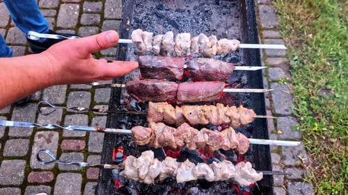 Meat Grilling on Barbecue Over Hot Coals