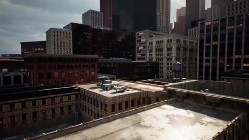Urban Rooftop View of City Buildings Under Dramatic Clouds in Daylight