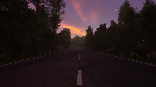 Serene Forest Road at Sunset with Vibrant Sky