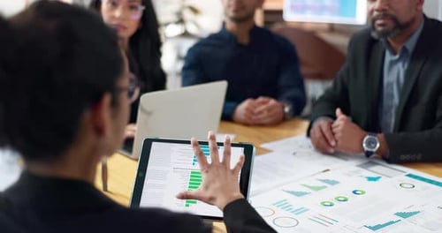 People, meeting and tablet screen of data analytics, graphs and statistics in finance