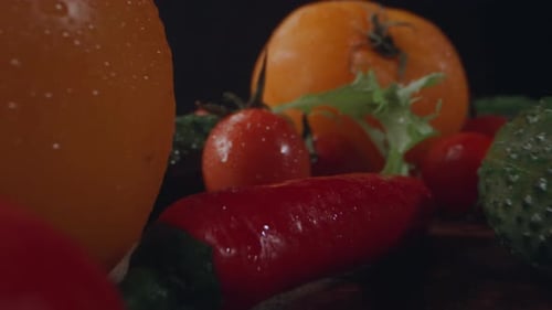 Fresh organic colorful vegetables on wooden table, macro close-up view
